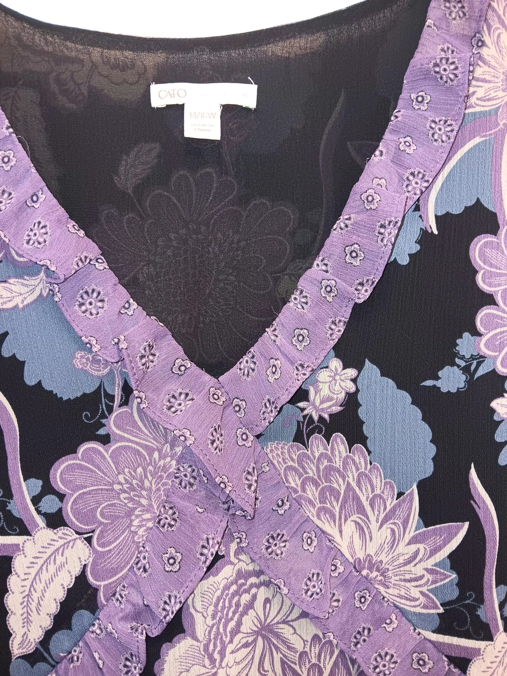 Cato Floral V-Neck Blouse in Purple & Black - Picture 3 of 4